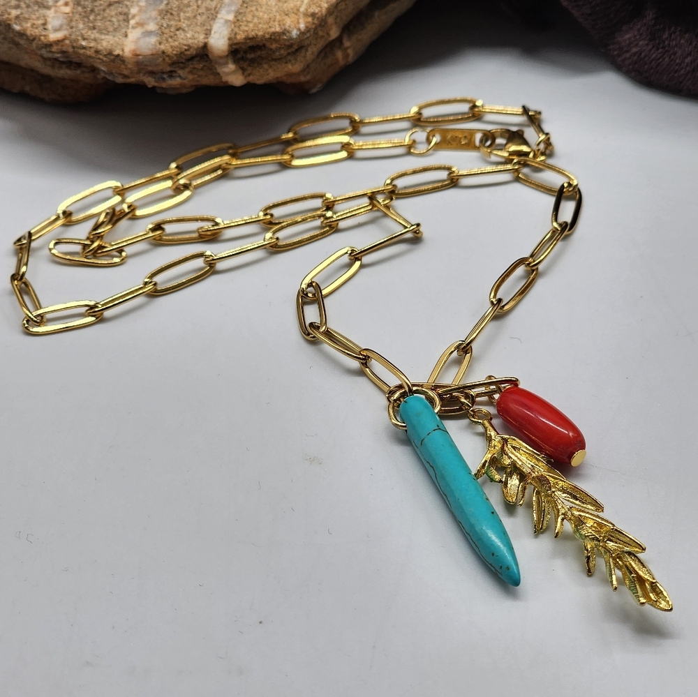 Johnny Was Jewelry 14K Gold plated Necklace Raw Natural Blue Stone Red Coral